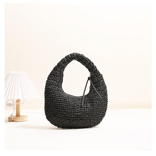Straw Bag for Women, Orbicular Beach Bag, Cute Handbag, Hand-Woven Bags Suitable for Vacation Travel Daily(Black)3