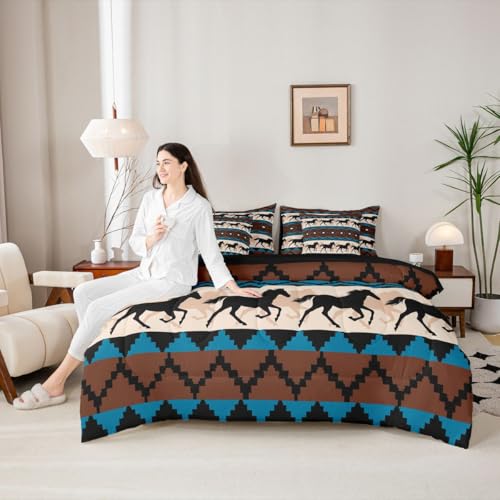 Image of Erosebridal Black Galloping Horse Bed in a Bag King Size Comforter Set 7-Piece | Western Bedding Sets Exotic Aztec Comforter and Sheet Set, Nordic Style Boho Tribal Wild Animal Room Decor,Blue Brown