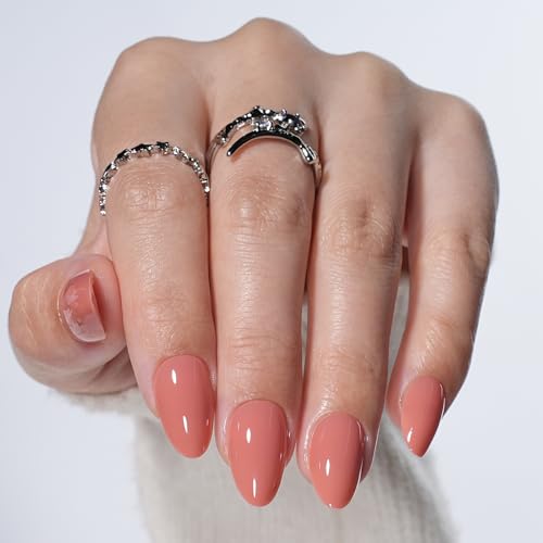 Peachy Pink Press On Nails, Short Almond Nails, Soft Coral Pink Nude Press On Nails, Glossy Reusable False Nails with Glue, 32 Nails in 16 Sizes, Natural Salon Look