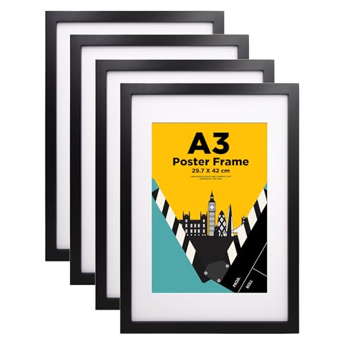 A3 Picture Frames,A3 Frame 100% Solid Wood Matted for A4, a3 Photo Frames with Acrylic Glass,A3 Poster Frames for Wall Mounting, 29.7 X 42 cm Certificate Frame for Portrait, Set of 4, Black