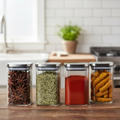 Image of ginoya brothers Airtight Borosilicate Glass Square Jar With Wooden Or Steel Lid Multi-Size, Container for Spices, Coffee, Grains, Snacks & Kitchen Organization (6, STEEL LID, 270 ML)