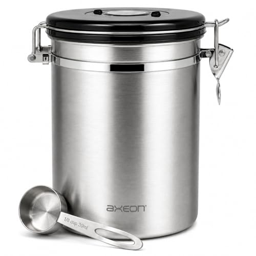 Image of AXEON Airtight Stainless Steel Coffee Canister with Scoop Spoon - 1800 ml | Coffee Bean Storage Container for Loose Leaf Tea, Coffee Beans | Storage Container with Exhaust Valve & Date Tracker