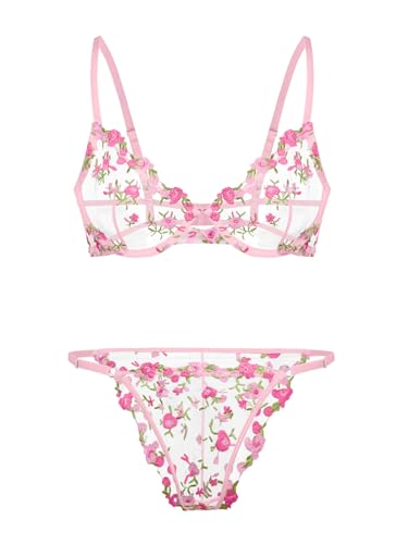 Lilosy Sexy Floral Embroidered Mesh Sheer Underwire Push Up Lingerie Set Women See Through Bra and...