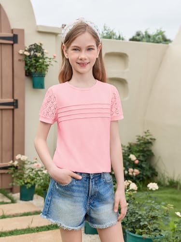 Image of Haloumoning Girls Short Sleeve T Shirts Kids Summer Lace Crewneck Tops Fashion Pleated Tees 5-14 Years