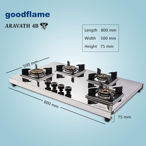 Image of goodflame Aravath 4 Burner Stainless Steel Gas Stove for Kitchen | Heavy 2MM SS Body | Brass Burners | 2 Year Warranty | ISI Certified | Manual Ignition | LPG Ready and PNG Compatible, (Silver)