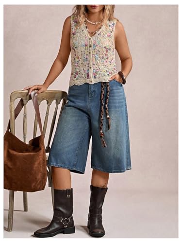 Women's Plus Size Hollow Out Crochet Sweater Vest Button Down Sleeveless V Neck Knit Tank Tops3