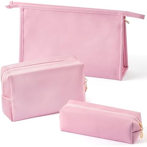 Y1tvei Makeup Bag for Women - 3Pcs Minimalist PU Leather Makeup Bag Set, Large Cosmetic Pouch with Zipper for Purse, Travel Makeup Brush Holder, Waterproof Portable Cosmetic Toiletry Organizer(Pink) Cover