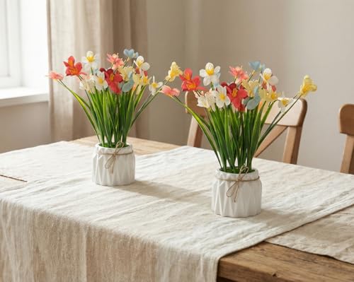 Image of Dekorly Artificial Lavender Plant in White Pot, 18cm - Realistic Faux Flower Arrangement for Home & Office Decor (Set of 1) (2, Grass Lily)