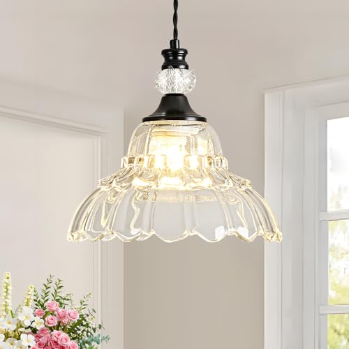 1 Piece Chandelier in Matte Black Finish with Flower-Shaped Glass Shade, Farmhouse Pendant Light for Kitchen, Hanging Light Fixture for Dining Room, Hallway, Living Room, Bedroom