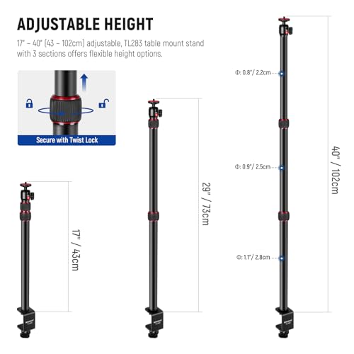 Image of NEEWER Camera Desk Mount with Holder & 360 Ball Head, 17 inch-40 inch /43-102cm Telescopic C Clamp Table Light Stand 1 /4 inch Screw, Desktop Stand 6.6lb /3kg Max Load for DSLR Camera, Webcam, Ring Light,TL283 | Telescopic C Clamp Table Light Stand 1 /4 inch Screw, Desktop Stand 6.6lb /3kg Max Load for DSLR Camera, Webcam, Ring Light, TL283