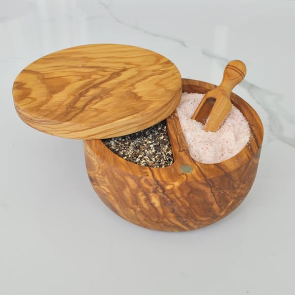 Naturally Med Olive Wood Salt Keeper/Salt and Pepper Keeper. 2 section. Salt and pepper cellar. Magnetic, swivel lid.