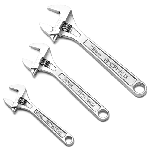 MAXPOWER 3-Piece Adjustable Wrenches Set, Pipe Spanner: 6' 8' 10' Wide Jaw Shifter Movable Spanner Set with Wide Jaw Capacity, Drop Forged Wrench with Chrome Finish