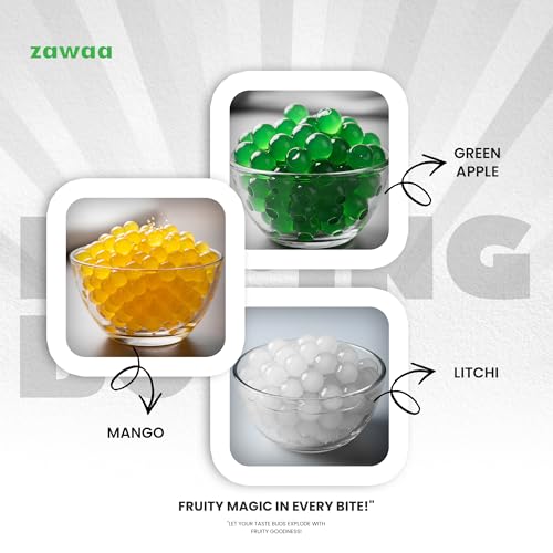 Image of Zawaa Foods Assorted Popping Boba Pearls (Green Apple, Mango, Litchi) | 100g Each (Pack of 3) | Bursting Fruit Boba for Bubble Tea, Milkshakes, Ice Cream & Desserts
