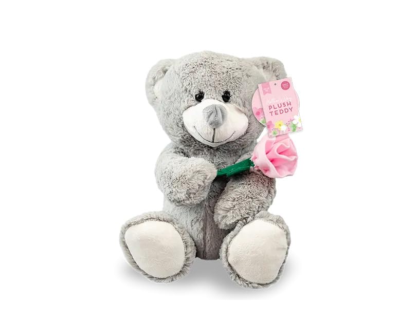 Gem Imports Mother's Day Plush Teddy Bear – Soft Grey Cuddly Toy Holding Fabric Rose with Gift Tag for Mum, Grandma & Loved Ones