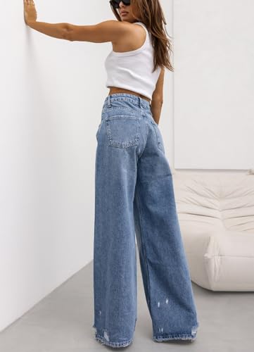 Womens High Waist Bell Bottom Jeans Stretchy Baggy Straight Wide Leg Boyfriend Denim Pants Distressed Blue Jeans4