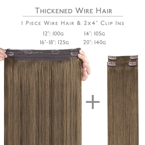Image of WENNALIFE Wire Hair Extensions Real Human Hair 22 inch 150g Muted Light Brown Brunette Remy Hair Invisible Transparent Wire Straight Reusable Natural Easy to Apply Reusable for Volume