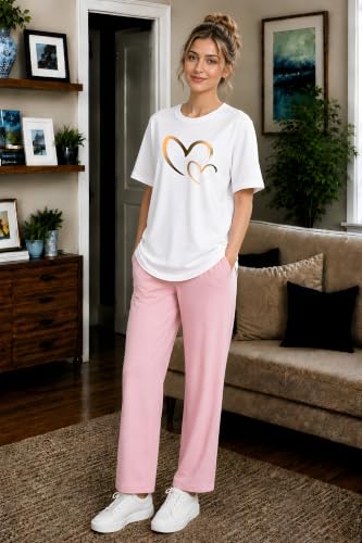 Image of ELVIA Women's Pure Cotton Top and Pyjama Co-Ord Set | Double Heart Graphic Printed Night Suit | Regular Fit Half Sleeve Round Neck T-Shirt with Pajama Sleepwear Loungewear Set