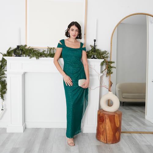 Image of Alex Evenings Women's Long Cold Shoulder Dress, Mother of The Bride, Formal Events, Emerald Glitter, 4 Petite