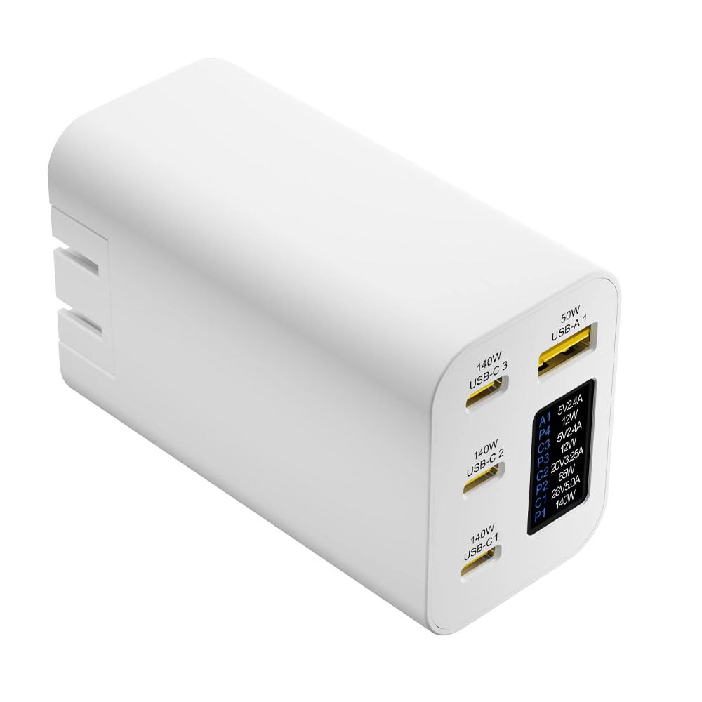 Cargador Gan 280W con pantalla OLED,4-Port GaN Tipo-C Adaptador con 3USB-C+1USB-A,PD 140W Cargador rápido,Cargador universal para Europa, Estados Unidos, Australia y Reino Unido(blanco)