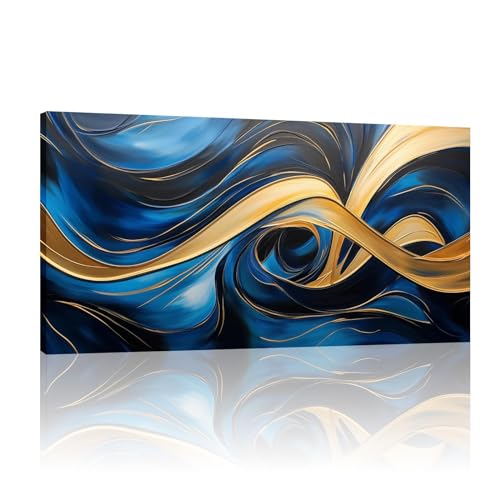 Peintures bleues et dorées de prestige | Toile abstraite avec cadre en bois