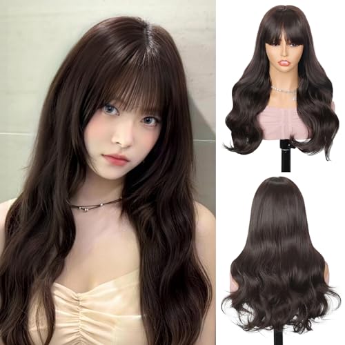 Image of Creamily Long Wave Hair Wig for Woman Full Head Brown Synthetic Heat Resistant Fiber with Bangs 20 Inches Layered Curly Wig for Women Replacement Wig Cosplay