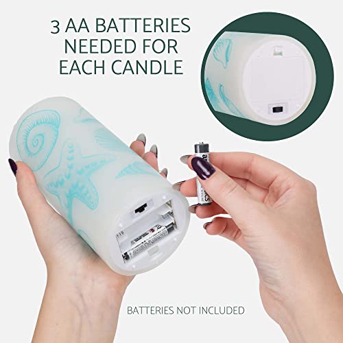Image of Elanze Designs Seashells Nautical Blue 6 inch Wax LED Flameless Pillar Candles Set of 3