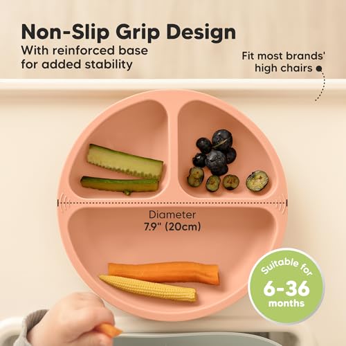 KeaBabies Suction Plates for Baby, Toddler - 3-Pack 100% Silicone Toddler Plates with Suction, Divided, BPA-Free Baby Led Weaning Essentials for Kids, Dishwasher, Microwave Safe, Durable (Roseate)