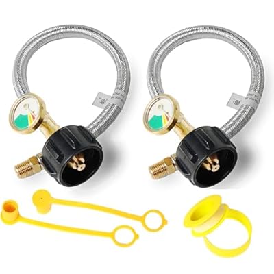 RV Propane Hose Replacement with Gauge 2 Pack Camper Propane Hose for RV Two-Stage Regulator Stainless Steel Braided 1/4" Male NPT and QCC 1 Inlet,350PSI (15inch)