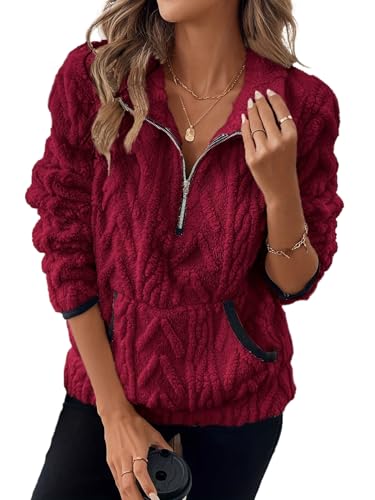 RUISHH Mujer Jersey de Polar Chaqueta Jacquard con Cuello Alto Sudaderas Otoño Invierno Suéter con Cremallera y Bolsillos Rojo XXL