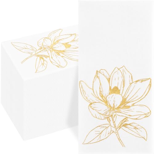 Joyido 50 Pack Gold Magnolia Napkins - Gold Floral Disposable Napkins - Cloth-Like Feel Dinner Paper - Retro Heavy Duty Hand Towels for Bathroom Wedding Holiday Party Bridal Decorative Towels