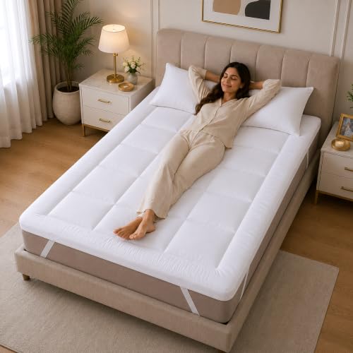 Image of Divine Casa Premium Microfiber Double Bed Mattress Topper (72 x 72 Inch) | 2 Inch Thick Mattress Pad | 500 GSM Super Soft Hollow Fiber Filling | Breathable | 4 Corner Elastic Bands | White