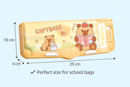 Image of KiddieWorld Capibara Multifunction Pencil Box for Kids with Calculator, Sharpener, Scissor Pop-Out, Magnetic Closure, Large Capacity Double-Sided Storage | Cute Cartoon Pencil Case