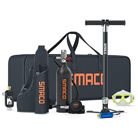 SMACO Tauchflasche 1L Tauch-Sauerstoffflasche Mit Kompletter Aufblasbarer Ausrüstung Unterstützen Sie 15-20 Mins Unterwasseratmung(Nicht Mehr als 30m) S400 Tauchzylinder Unterwasseratemgerät, Schwarz Cover