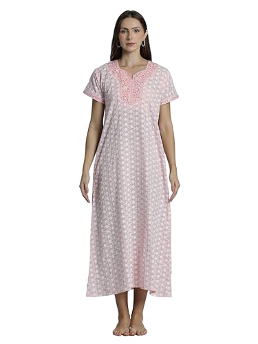 Image of 9shines Label Stylish Chikankari Cotton Nighty Maxi for Women | Full Length Nightgown | Nightdress with Pocket | Embroidery Nighty | Soft Comfortable Cotton Nightwear (1545)