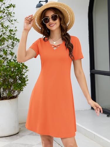 Image of KORSIS Women's Dresses Summer Casual T-Shirt Short Sleeve Criss Cross V Neck Swing Beach Vacation Sundress Dress with Pockets