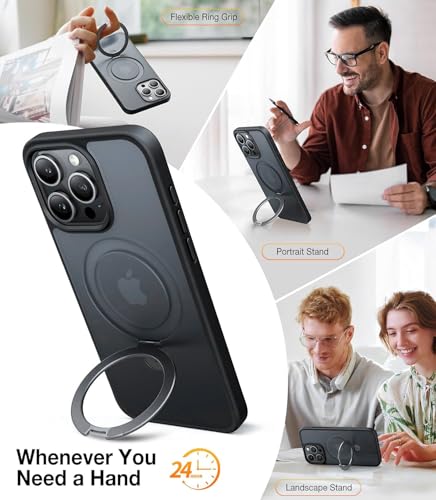 Image of DIZORO Polycarbonate Magnetic Ring Stand For iPhone 15 Pro Case [Military Drop Protection] [Compatible With Magsafe] Shockproof Matte Translucent Slim Phone Case-Black