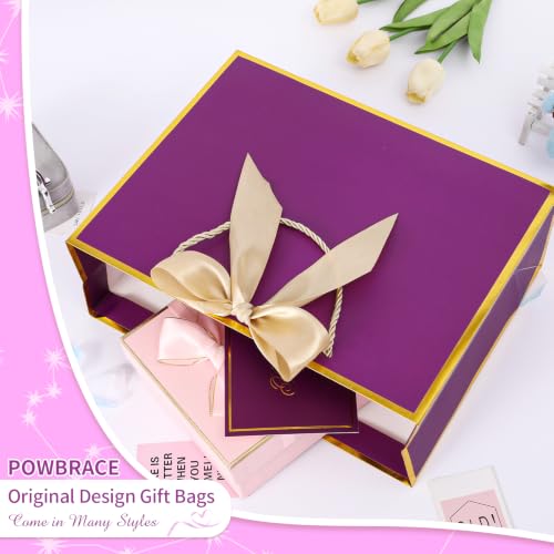 Image of Powbrace 13 inch Medium Purple Gift Bag Set with Handle - 2 Bags Featuring Bows, 4 Tissues, and 2 Greeting Cards for Wedding, Baby Shower, Father's Day, Mother's Day, Birthday Party