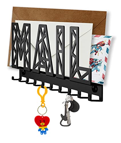 SirHoldeer Mail Llavero de Pared con Bandeja para Cartas - Soporte Decorativo con 10 Ganchos - Acero Inoxidable Resistente de Fácil Montaje Negro 275 x 120mm Cover