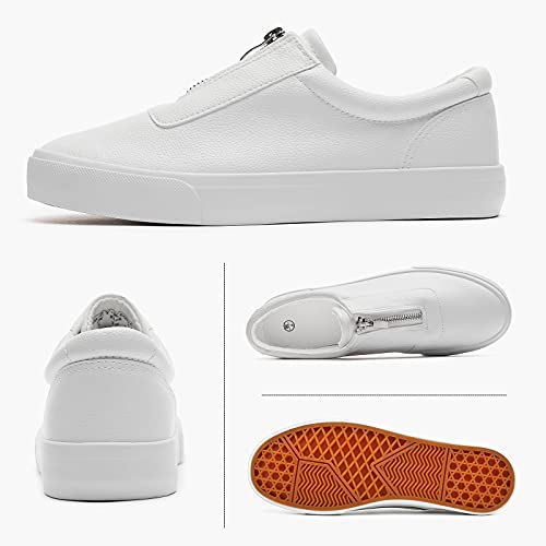 Adokoo Women's Pu Leather White Shoes Slip On Sneakers Casual Walking Shoes Fashion Sneakers Slip On Tennis Shoes Zipper(S.white, Us5) #TOP1
