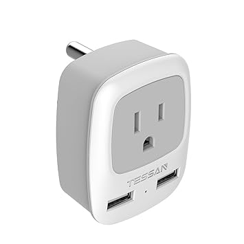 TESSAN US to India Power Adapter, India Grounded Travel Plug Adapter with 2 USB &1 American Sockets Outlet Charger, Type D Adaptor for Bangladesh Maldives Nepal Pakistan