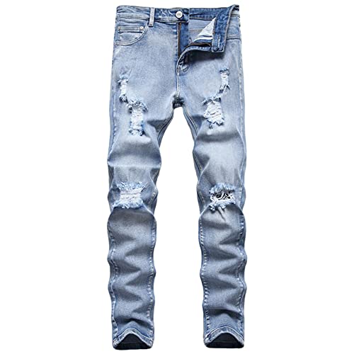 Maiyifu-GJ Ripped Slim Fit Jeans for Men Distressed Destroyed Straight Leg Denim Pants Retro Hip Hop Washed Jean Trousers (Light Blue 1,33)