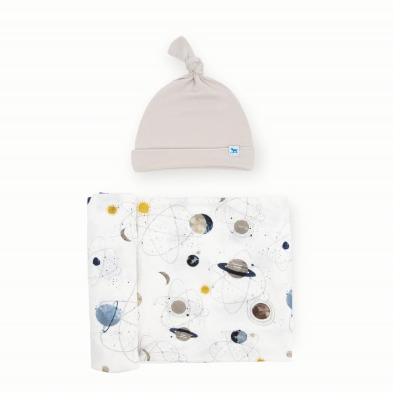 Image of Little Unicorn Premium Stretch Knit Swaddle & Hat Set | Ultra-Soft with Optimal Stretch for Newborns | Giftable Set (Planets)