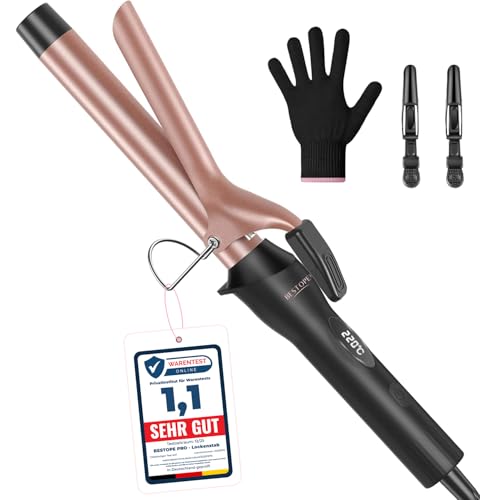 BESTOPE PRO 25mm Lockenstab, Keramik-Welleneisen für Haare mit Negativen Ionen, 8 Einstellbaren Temperaturen, 30S - Schnelles Aufheizen, 60Min Auto - Abschaltung, Handschuh, 2 Klammern, Roségold