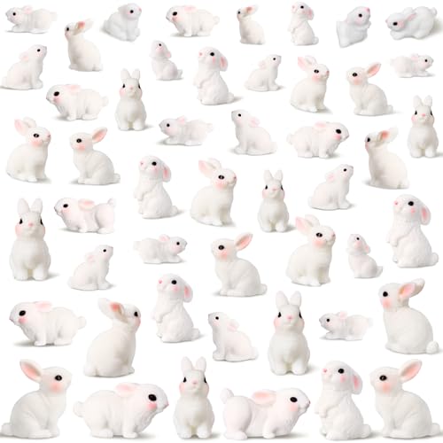 Blueweenly 70 Pcs Mini Rabbit Easter Resin Bunny Mini Bunny Figures Small Bunnies Tiny Animals Miniature Home Decor Garden Ornament for Easter Egg Fillers Cake Home Decor(White,Classic)