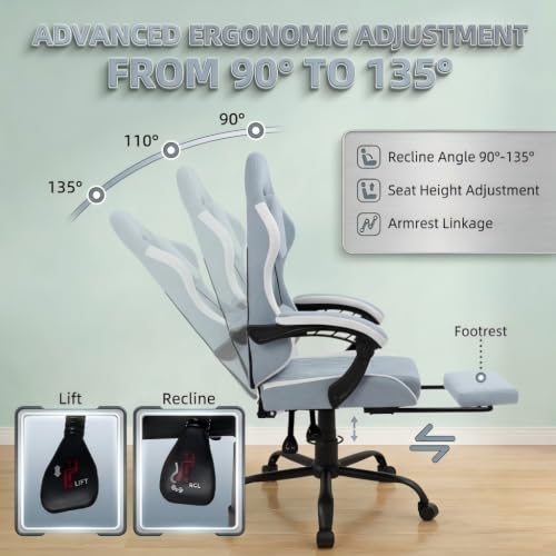 Image of Video Gaming Chair, Ergonomic Office Chair with Footrest, Lumbar Support and Linkage Armrests, Swive Home Video Game Chairs for Adults, Blue