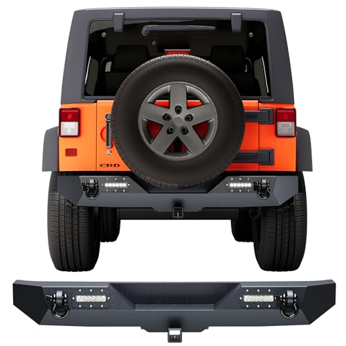 GarveeTech Rear Bumper Compatible with 2007-2018 Wrangler JK & Unlimited JKU (2/4 Doors) Rock Crawler Off Road Full Width Bumper with 2 LED Lights & 2 x D-Rings