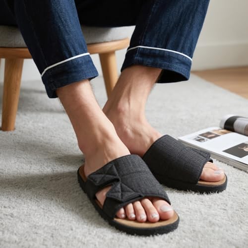 Image of Adjustable House Slippers for Men with Arch Support Rubber Sole | Thick Memory Foam Insole Indoor Outdoor Slides Breathable Fabric Material