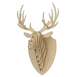 cabeza ciervo decoracion madera  CABEZA DE CIERVO Trofeo de caza en cartón reciclado. Puzzle 3D de cabeza trofeo esculturas para pared. Disponible en dos diferentes medidas