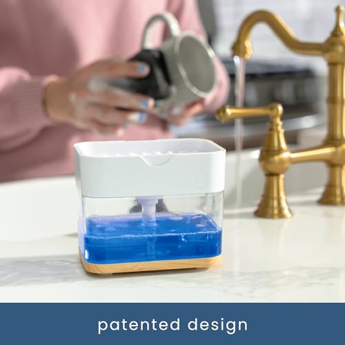 S&T INC. Dish Soap Dispenser and Sponge Holder for Kitchen Sink, Waterproof Labels and Sponge Included, 13 Ounces, Plastic, White and Bamboo