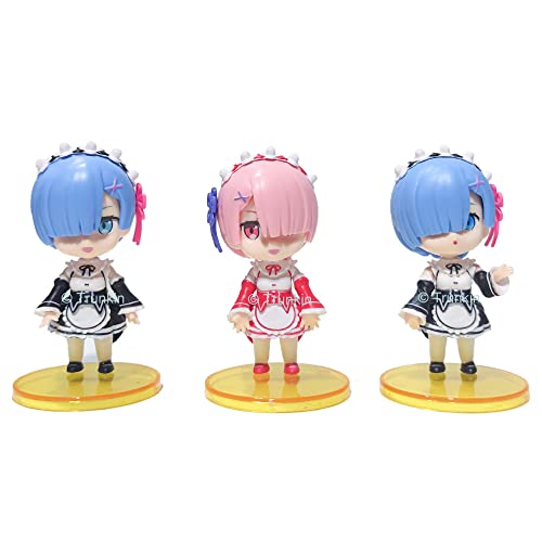 Image of Trunkin Zero Rem Re Life In A Different World From Zero (Set A)| Set Of 6 Rubber Figurine Anime Ram Figures Rem Emilia Action Polyvinyl Chloride Collectible Weeb Manga Action Figures,Multicolor